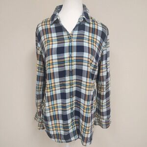 Talbots Plaid Button Down Shirt Lightweight Blue Yellow Check Size Medium